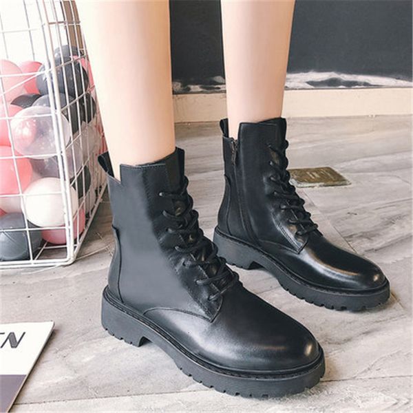 

new british 2021 style leather women's boots high autumn shoes lace up to warm winter boot wa1v, Black