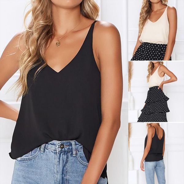

2020 fashion womens v neck camisole tanksummer female solid color chiffon casual shirt slim wild trend vest banquet, White