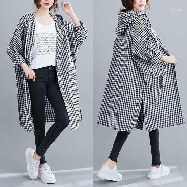 

autumn 2020 plus size women's clothing loose hooded large shirt traveling mid-length trench coat1, Tan;black