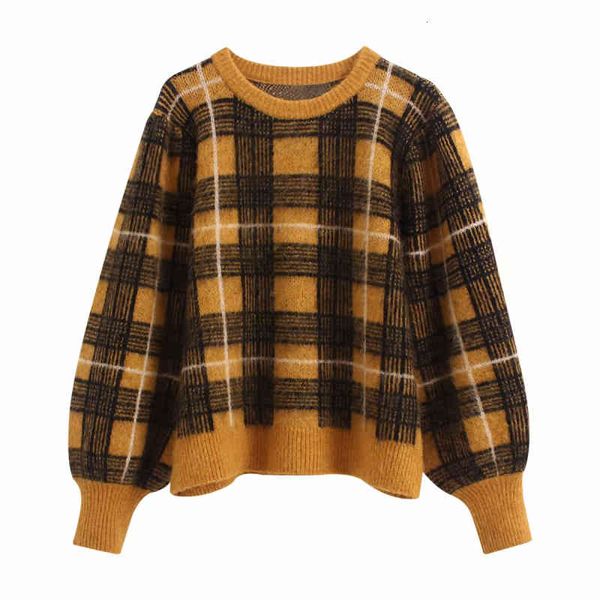 

women's knits & tees vinatge woman loose plaid patchwork thick sweaters autumn winter fashion ladies lantern sleeve pullover femal, White