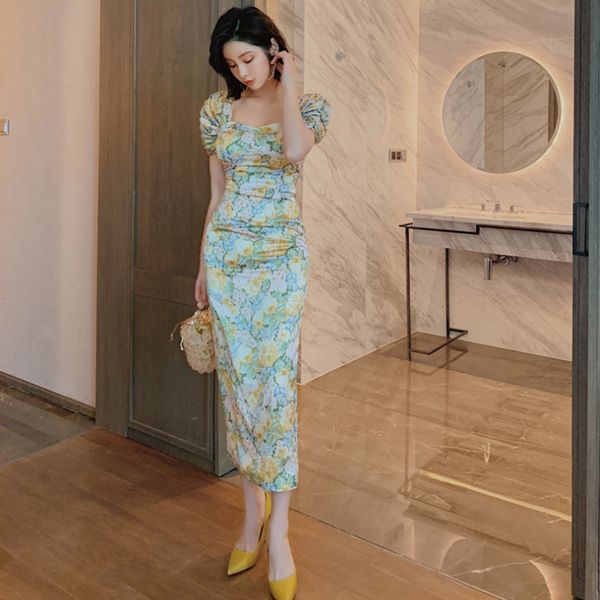 

2021 new fashion retro floral ladies printed strapless dresses women puff dressed 6c60, Black;gray