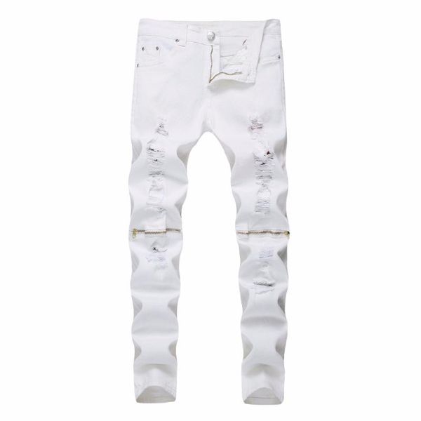 

2020 fashion casual white ripped hole denim jeans men hip hop dance men's jeans slim fit feet broken zipper stretch trousers, Blue