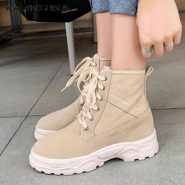 

karin 2020 новый бренд моды для женщин boots платформы flat с кросс-связанный круглый toe твердая flock лоскутная ботильоны, Black