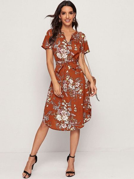 

notch neck split curved hem belted dress l9vq#, Black;gray