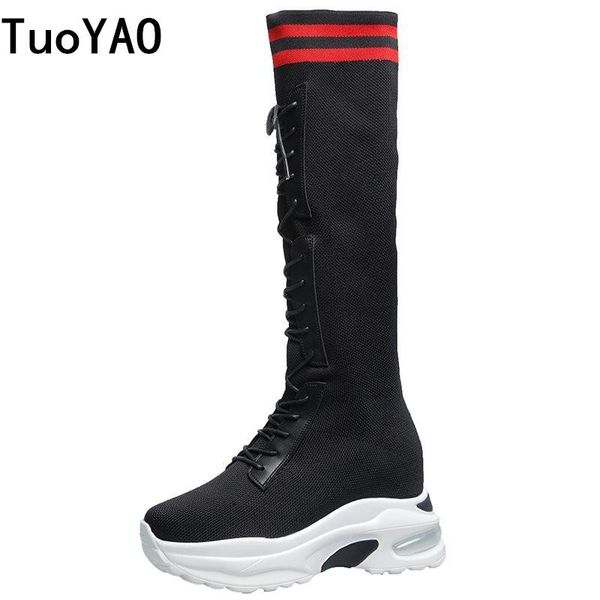 

women knee high boots split leather lace-up thick sole long boots autumn non-slip black sock platform shoes woman