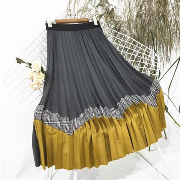 

fall 2018 new female long pleated skirt women color matching stitching lattice skirts girl drop shipping, Black