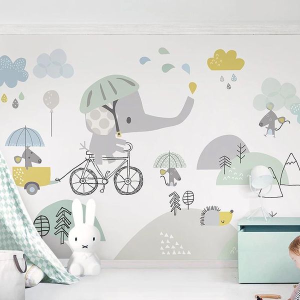 

custom mural 3d cute cartoon elephant riding bicycle hamster clouds children room bedroom background wall decoration wallpaper