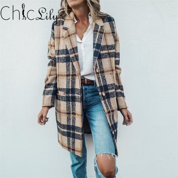 

chiclily women's loose long plaid woolen coat fashion ladies thick coat female streetwear elegant girls oversize jacket chic lj201201, Black