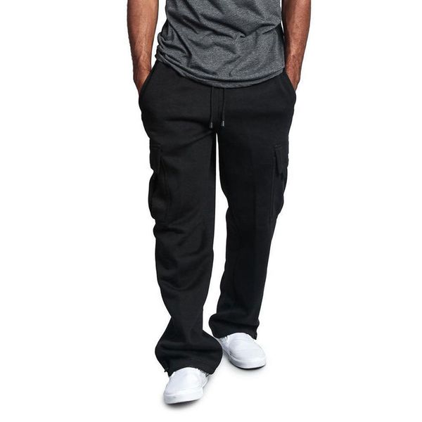 

men cargo straight loose wide leg pants male casual long pockets elastic waist comfort pants trousers, Black