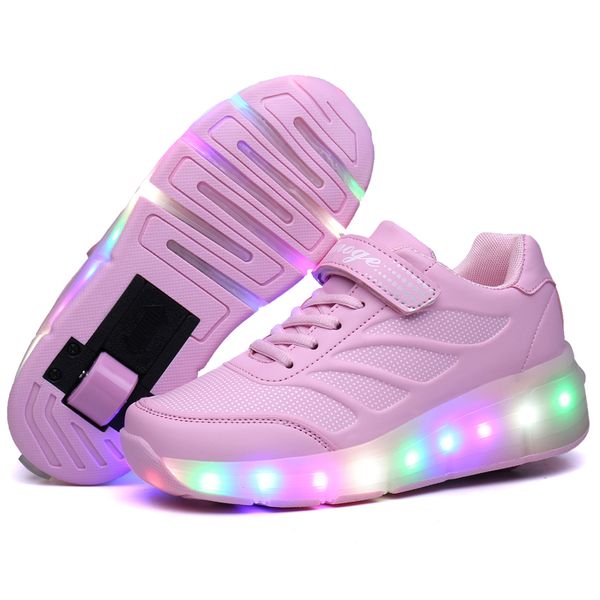 

glowing girls sneakers with wheels led light up roller skates sport luminous lighted shoes for kids boys pink blue black, Black;red