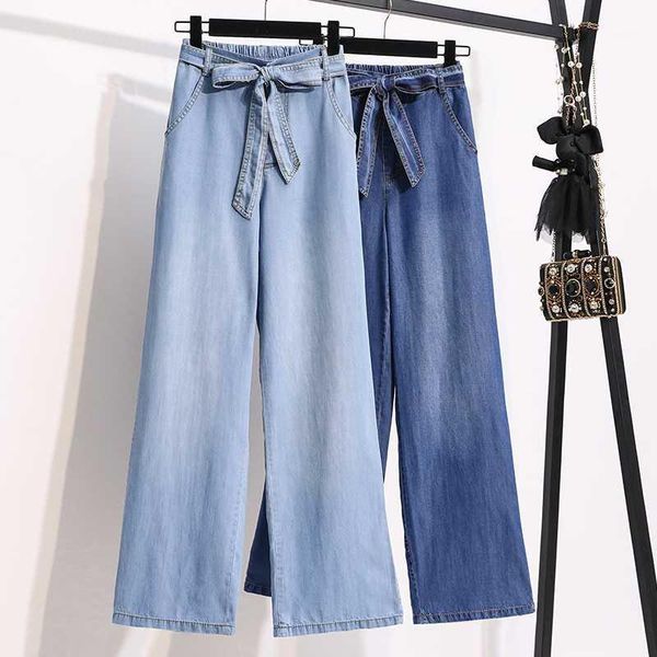 

korean students summer style wide leg jeans trousers large size women lace up high waist denim pants plus size s-5xl1, Blue