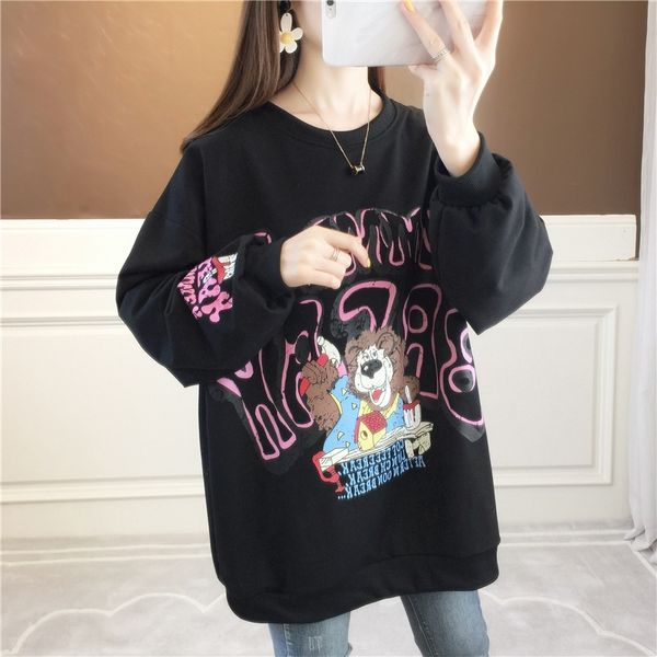 

2020 корейской середина продолжительной осени нового мультфильм печатная шея длинный рукав свободного top свитер свитер женского топ eb2zn, Black