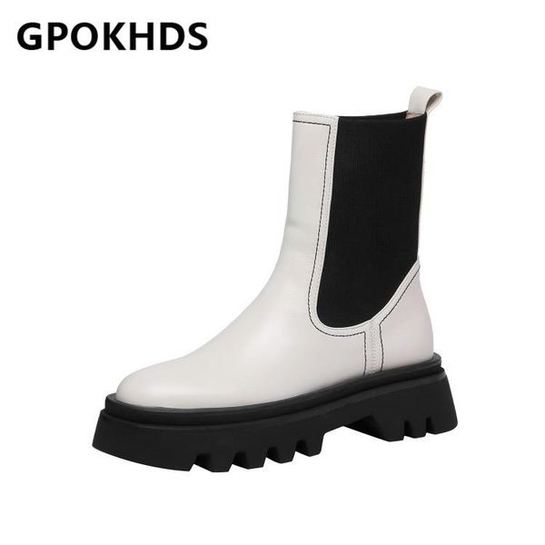 

gpokhds 2021 women ankle boots cow leather winter short plush round toe platform high heels female riding boots size 40, Black
