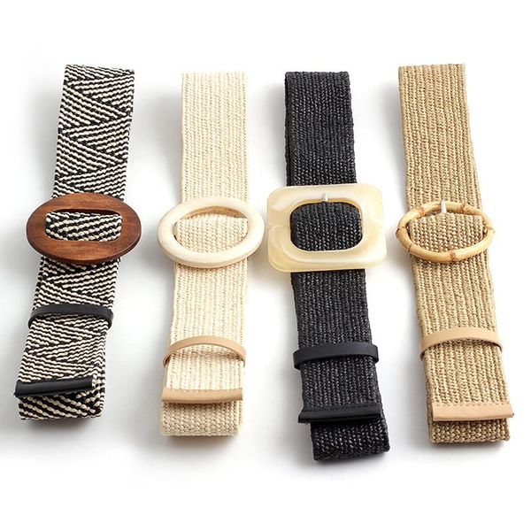 

simple boho braided belts for women straw waist belt round square bamboo wooden buckle dress belt female woven straw wide, Black;brown