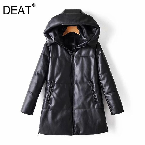 

[deat] loose fit leather brief warm woolen coat parkas new hooded long sleeve women fashion tide autumn winter 13u081 201110, Black
