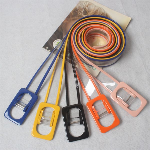 

women waist resin transparent long dress band belt rectangular buckle candy colors leather strap, Black;brown