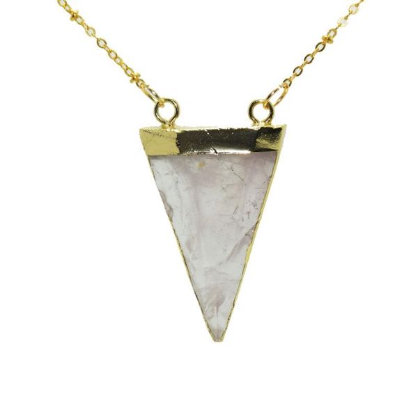 

pendant necklaces triangle faceted pink crystal quartz necklace natural gem rose stone with edge gold plating, Silver