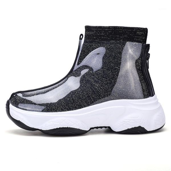 

women pvc rain boots waterproof sock shoes 2020 slip on streetwear ankle boots 4#20/10d501, Black
