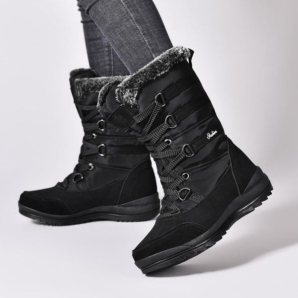 

winter women boots casual warm fur mid-calf boots shoes women slip-on round toe snow outdoor hiking plus size 41, Black