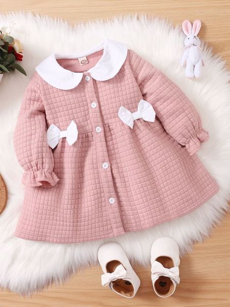 

baby contrast collar bow front button up flounce sleeve dress she, Red;yellow