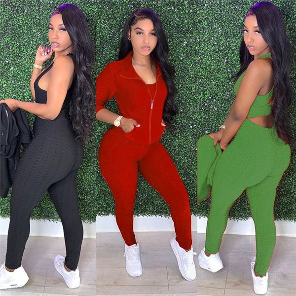 

women 3 pieces clothing set full sleeve zipper jackets tank + pants + coat outfit elegant ladies sportwear fish scale overalls f92907, White