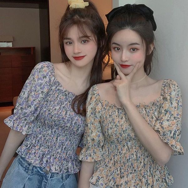 

summer chiffon shirt for women fashion sweet floral print casual trendy slim slash neck short sleeve blouse, White