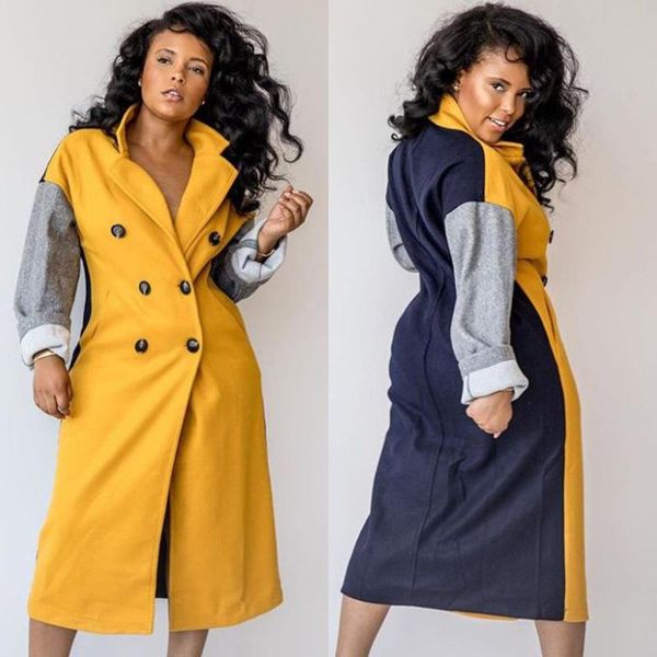 

stitching woolen long coat women jacket coat patchwork casual wool blend, Black