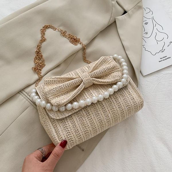 

fresh straw butterfly bag pearl handmade small messenger chain women's bag