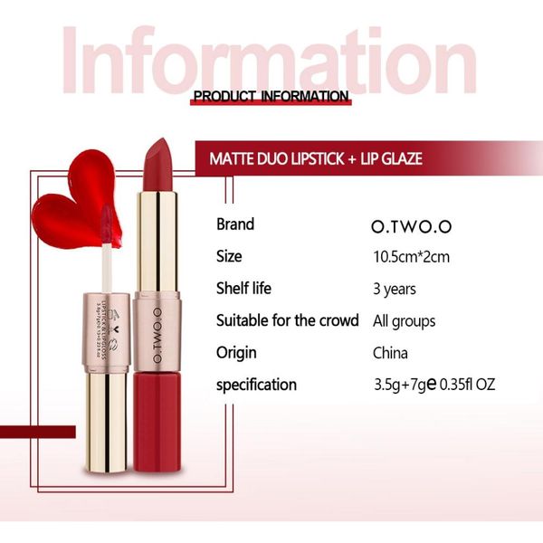 

o.two.o 2 в 1 matte lipstick 12 цветов блеск для губ двойной головкой номера кубок стик водонепроницаемый продолжительный сексуальный макияж