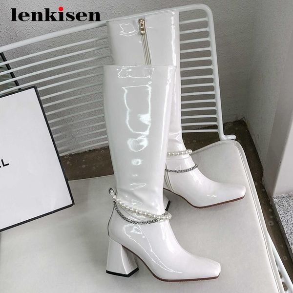 

lenkisen equestrian boots cow patent leather pearl chains large size square toe high heel nightclub fashion knee-high boots l67, Black