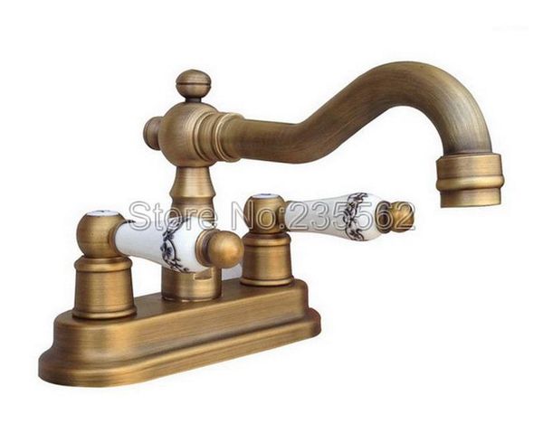 

bathroom sink faucets deck mounted wash basin water tap antique brass double handle dual hole mixer lnf3271