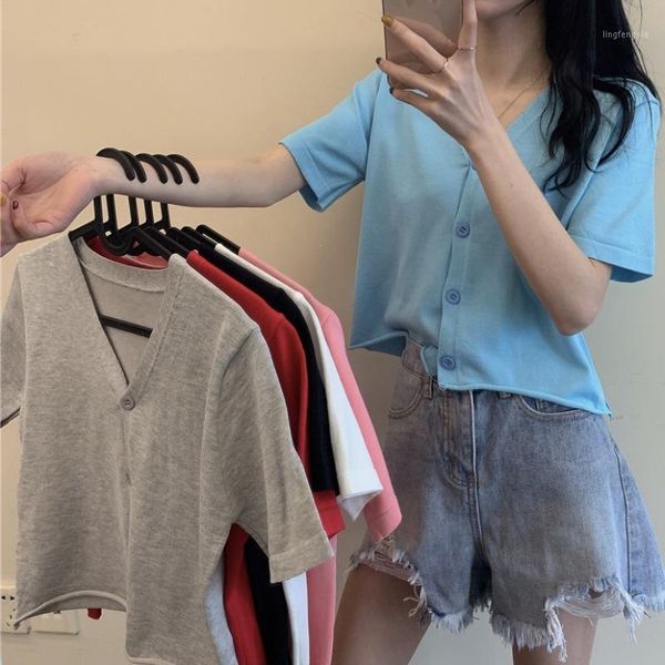 

v-neck knit cardigan women summer new fashion casual short-sleeved knit sweater women1, White