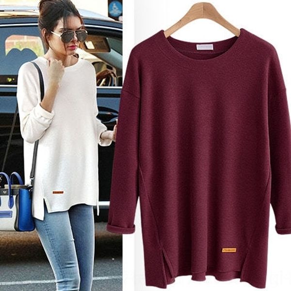 

w3aiy large spring t-shirtt-shirt type sleeve autumn new t-shirt loose solid long t-shirtand sleeve neck slit long medium round cjbm8, White