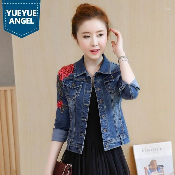 

flower embroidery womens short style jeans jacket casual cotton female outerwear coat long sleeved autumn denim chaqueta mujer1, Black;brown
