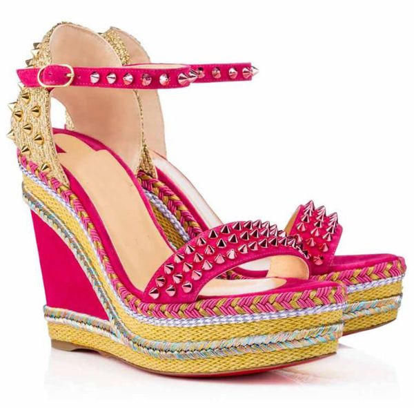 

luxury popular brands red bottom women's wedges sandals lady madmonica studs high heels famous comfort party wedding walking eu35-44, Black