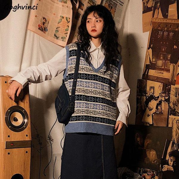 

sweater vest women patchwork jacquard geometric v-neck medium-long baggy vintage autumn student harajuku retro knitted waistcoat1, Black;white