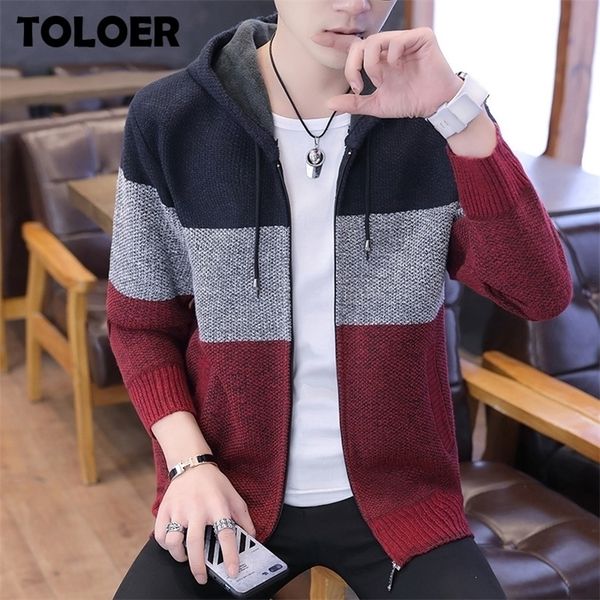 

winter thick men's knitted sweater coat splice long sleeve cardigan fleece full zip knitwear male causal autumn cardigan sweater 201105, White;black