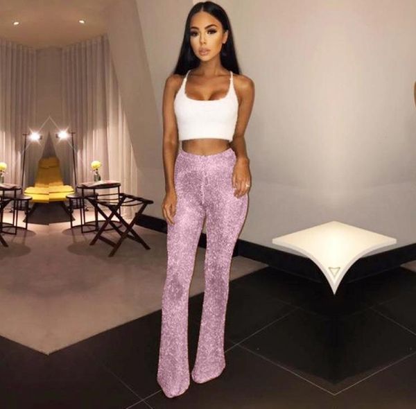 

fashion womens flared glitter sequins leggings solid high waist bell bottom pants disco trouser lady drawstring pants, Black