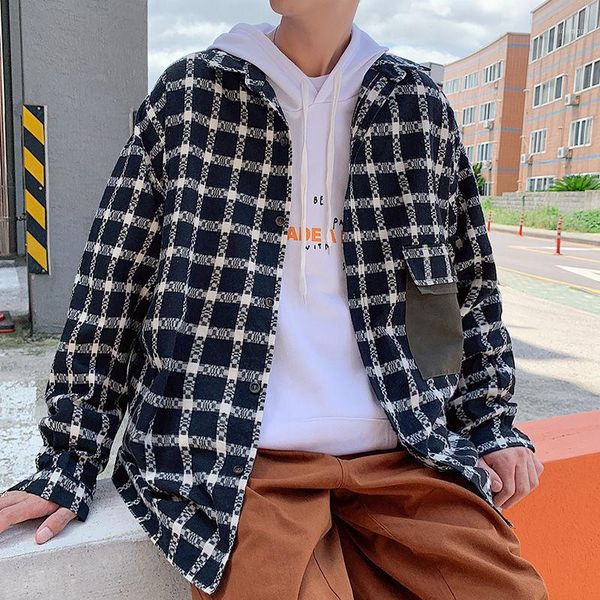 

men's casual shirts autumn plaid shirt men's fashion hit color retro cotton men streetwear wild loose long sleeve mens -2xl1, White;black