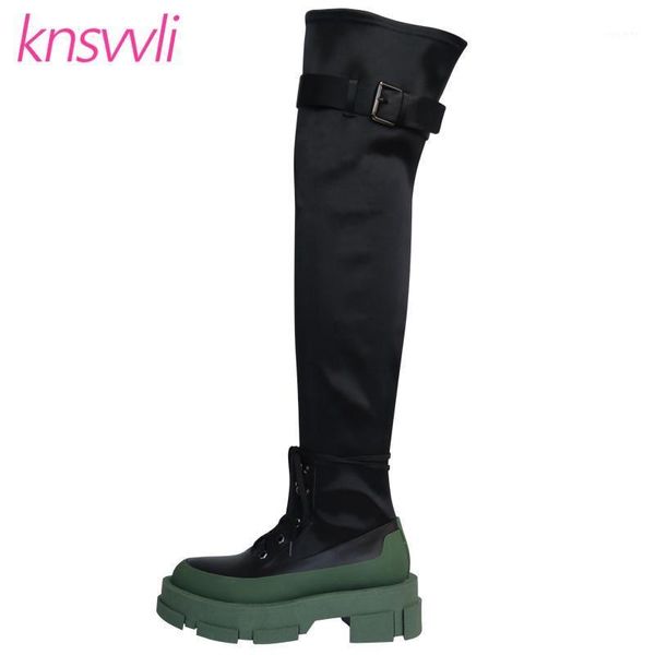 

green thick sole over the knee knight boots women belt buckle stretch long motorcycle boots britain style thigh high woman1, Black