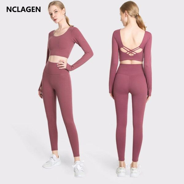 

yoga set long sleeve fitness suit women 2 piece naked feel buttery-soft no camel toe gym leggings backÂ crisscross sportwear, White;red