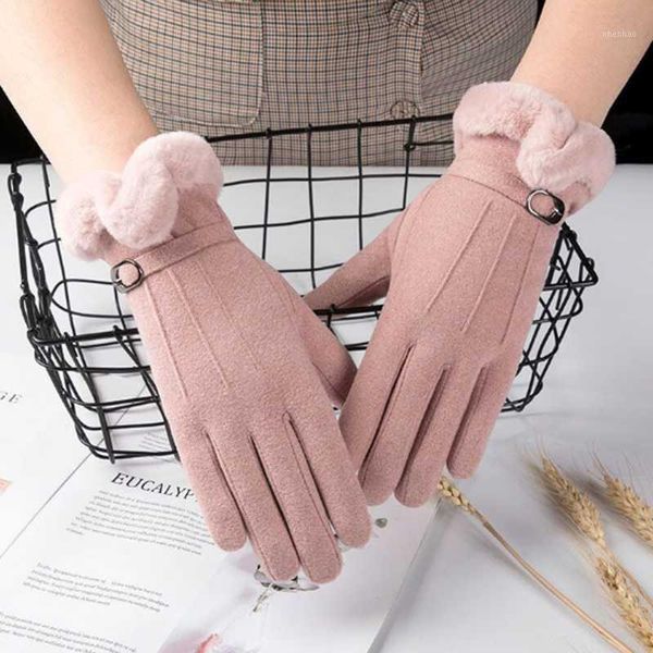 

ladies winter gloves suede velvet warm finger gloves outdoor sports driving buckle design female touch screen1, Blue;gray