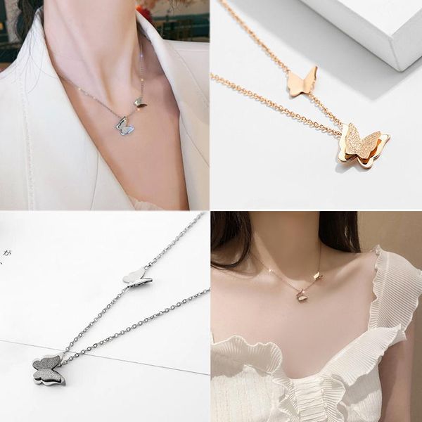

chokers non-fading stainless steel double butterfly gold silver color necklace women choker necklaces pendants femme chain jewelry, Golden;silver