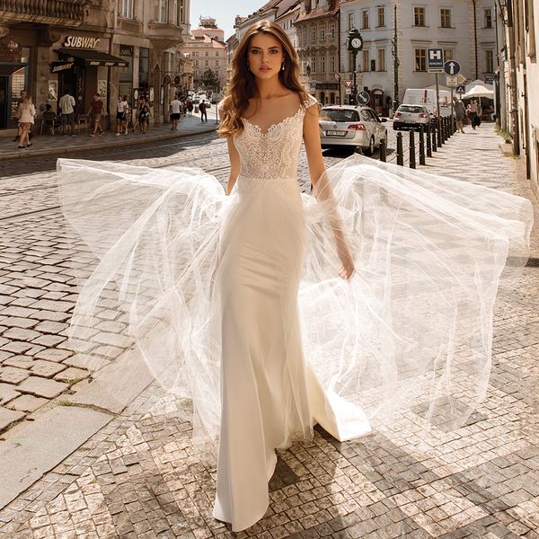 

2021 new mermaid wedding with tulle skirt vestido noiva cap sleeve scoop neck illusion appliqued elastic bridal es 0g0j, White