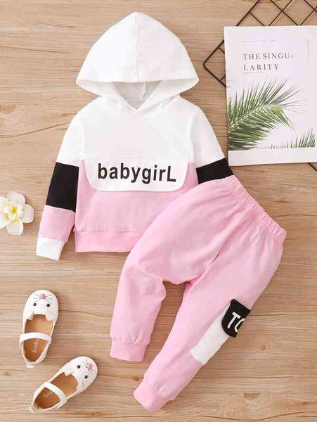 

baby letter graphic colorblock hoodie & flap pocket sweatpants she, White