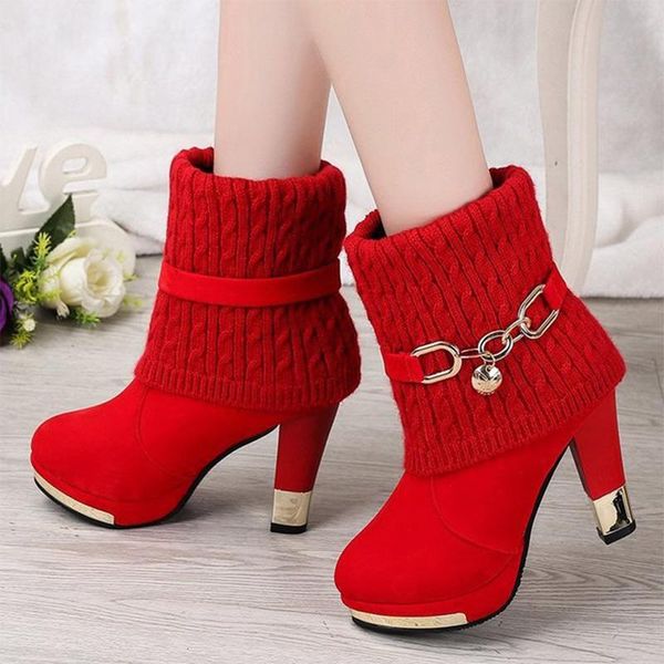 

fashion women boots knitting ankle shoes thin high heels red shoes 2020 winter warm ladies pumps metal platform female shoe, Black