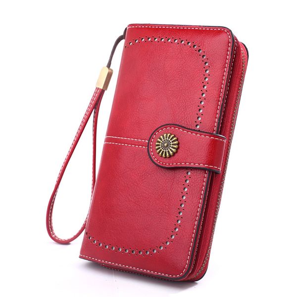 

retro oil wax skin leather women's long wallet hollow out buckle wallets credit purse card bag luxury clutch purses