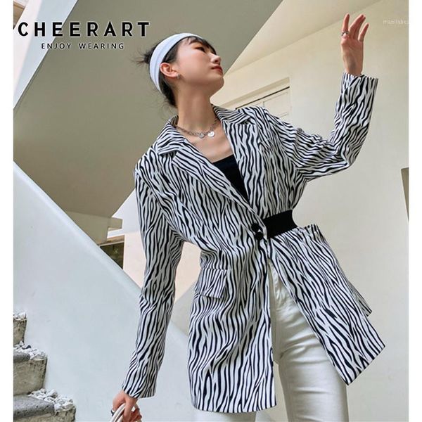 

cheerart zebra print autumn jacket women blazer single button elastic waist designer ladies tunic fall coat 2020 fashion1, White;black
