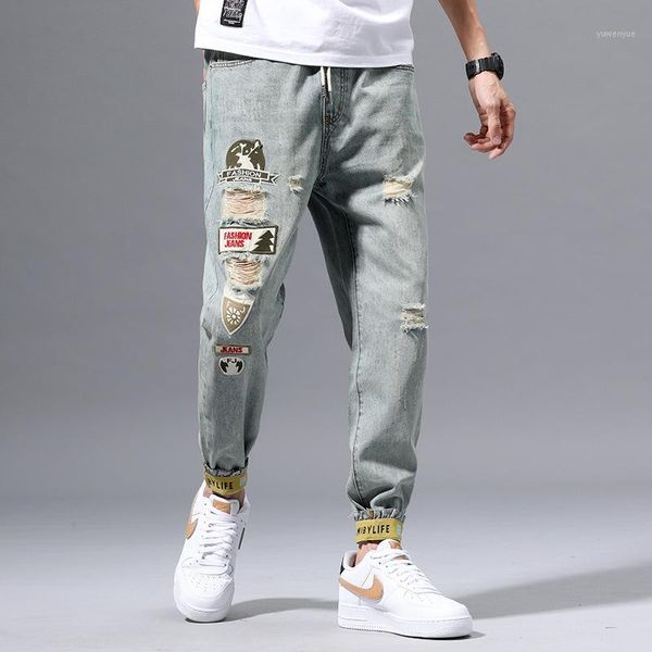 

spring and summer ripped patch mens jeans elastic waist drawstring men's loose legged jeans blue fashion jogger pants1