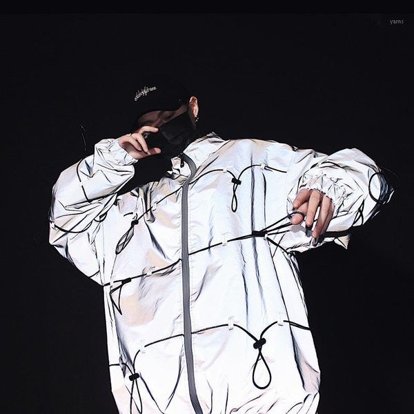 

reflective jacket men bundle stand collar cool skateboard dynamic stage clothes hiphop streetwear nighttime jacket coat male1, Black;brown